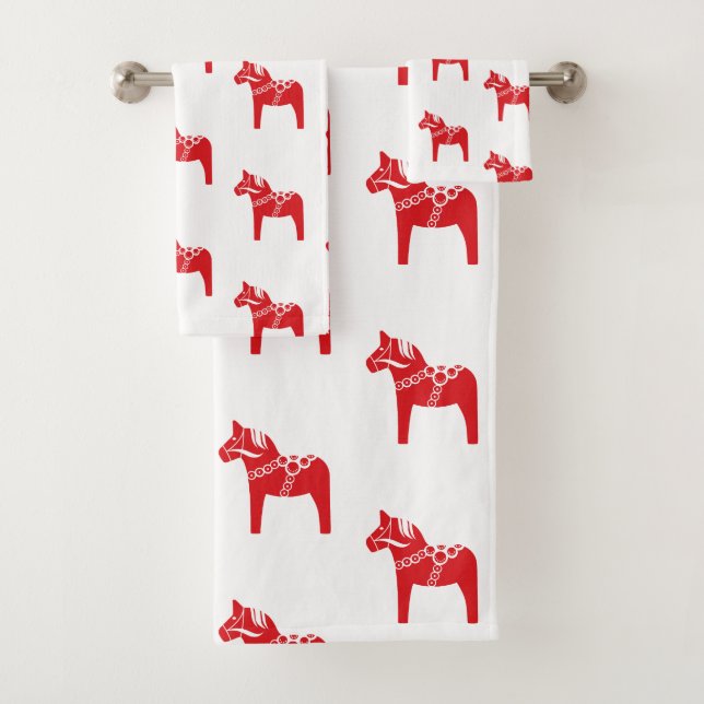 Scandinavian Christmas Swedish Dala Horse Bath Towel Set (Insitu)