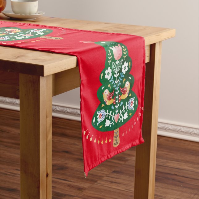 Scandinavian Christmas Tree Folk Art Table Runner (In Situ)