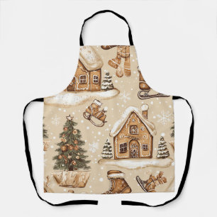 Scandinavian Christmas Village Brown Folk Print Apron