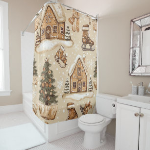 Scandinavian Christmas Village Brown Folk Print Shower Curtain