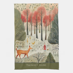 Scandinavian christmas winter forest with reindeer tea towel