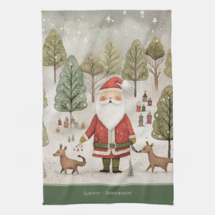 Scandinavian christmas winter forest with santa tea towel