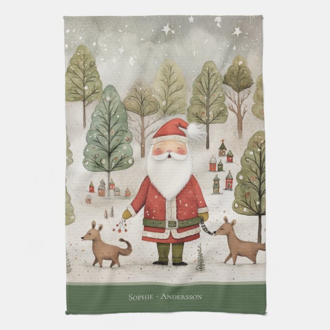Scandinavian christmas winter forest with santa tea towel (Vertical)
