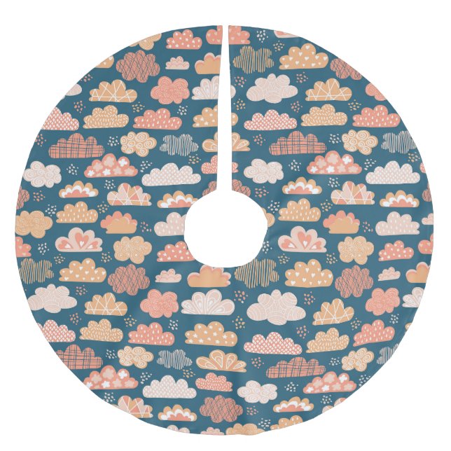 Scandinavian Clouds: Golden Childish Patterns. Brushed Polyester Tree Skirt (Front)