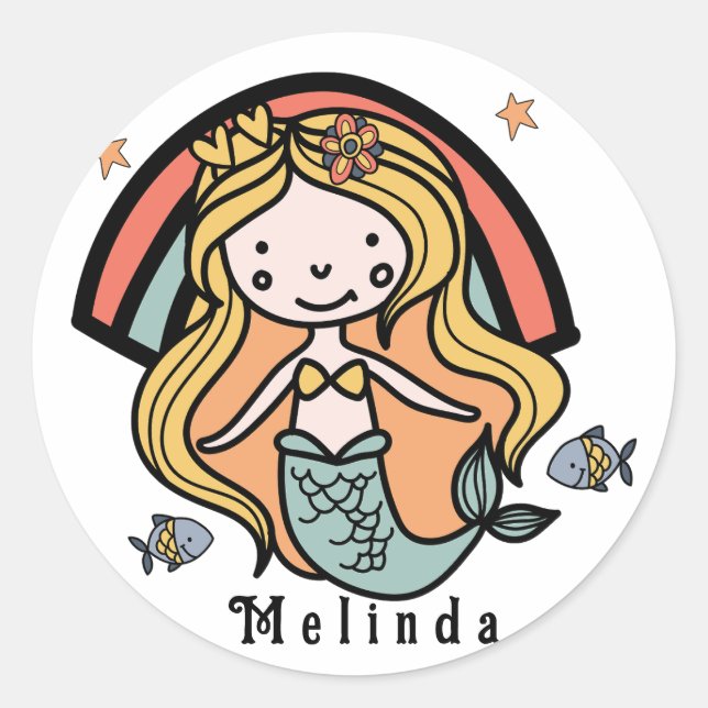Scandinavian Cute Mermaid Personalised Girl     Classic Round Sticker (Front)