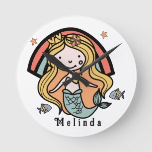 Scandinavian Cute Mermaid Personalized Girl   Round Clock