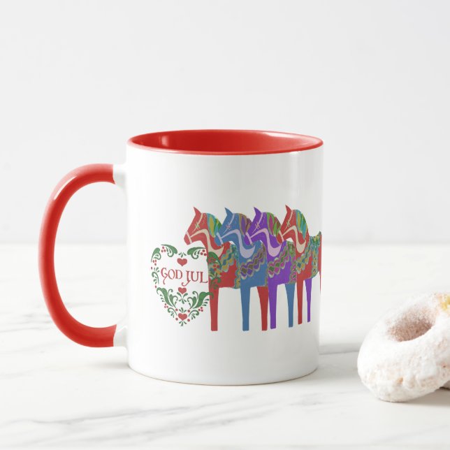 Scandinavian Dala Horse  God Jul Christmas Mug (With Donut)