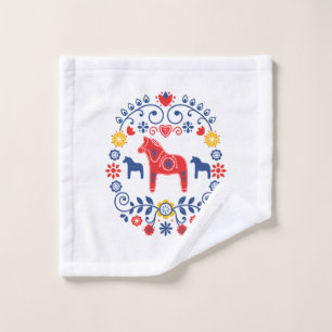 Scandinavian Dala Horse Tea Towel, Swedish Kitchen Wash Cloth