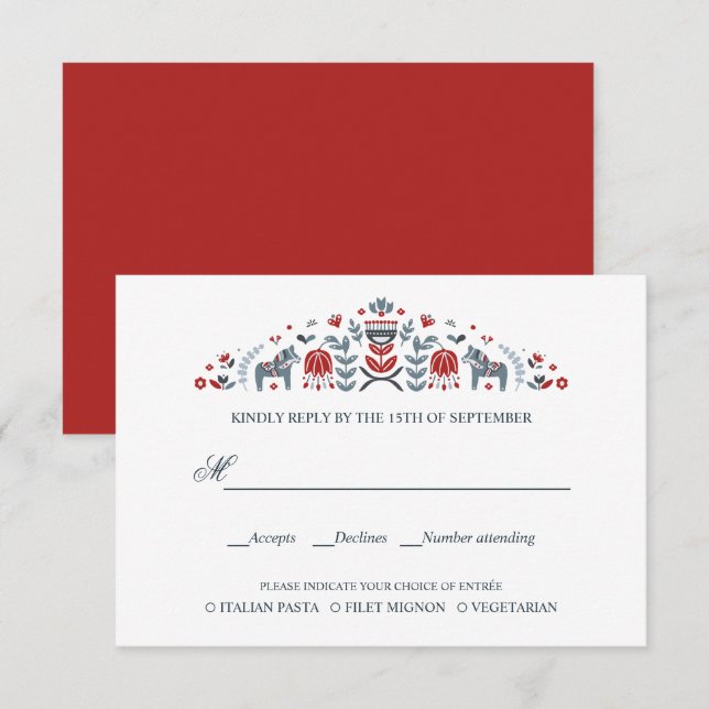 Scandinavian Dala Horse  WEDDING RSVP MEAL CHOICE (Front/Back)
