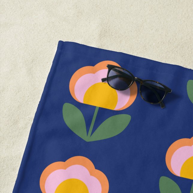 Scandinavian Danish Folk Flower Pattern in Blue Beach Towel (In Situ)