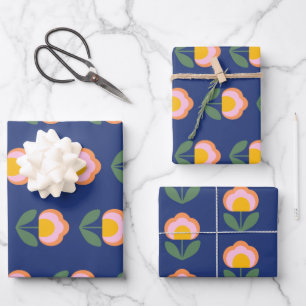Scandinavian Danish Folk Flower Pattern in Blue Wrapping Paper Sheet
