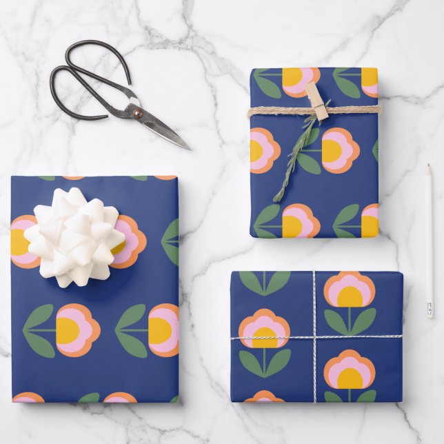 Scandinavian Danish Folk Flower Pattern in Blue Wrapping Paper Sheet (Front)