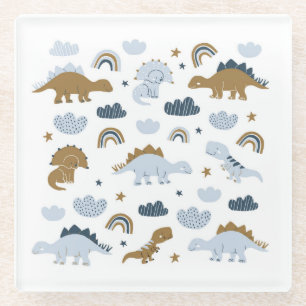 Scandinavian dinosaurs, stars, rainbows illustrati glass coaster