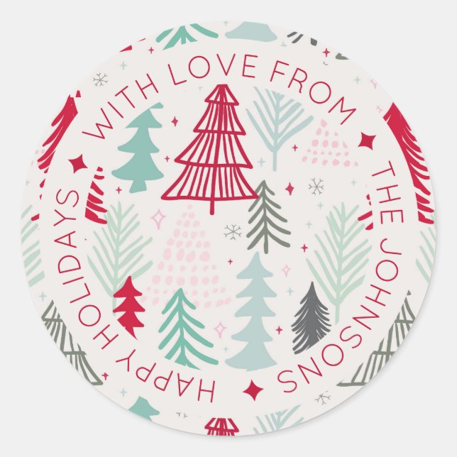 Scandinavian Doodle Christmas Trees Personalised Classic Round Sticker (Front)