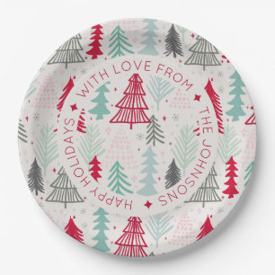 Scandinavian Doodle Christmas Trees Personalised Paper Plate