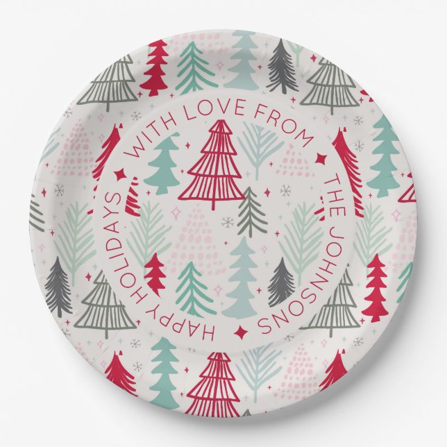 Scandinavian Doodle Christmas Trees Personalised Paper Plate (Front)
