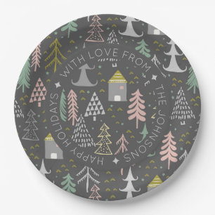 Scandinavian Doodle Christmas Village Personalise Paper Plate