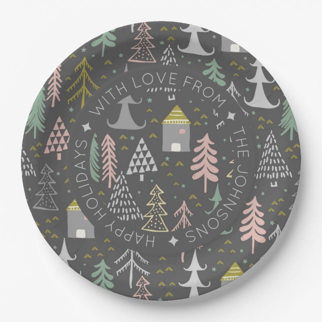 Scandinavian Doodle Christmas Village Personalise Paper Plate (Front)