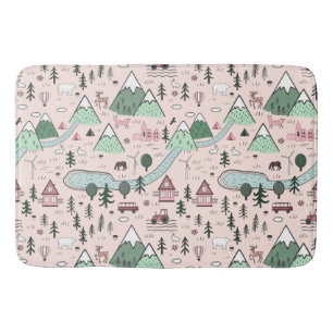 Scandinavian Farm Town Pattern Pink  Bath Mat