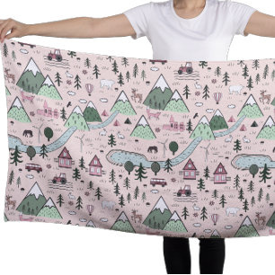 Scandinavian Farm Town Pattern Pink  Beach Towel