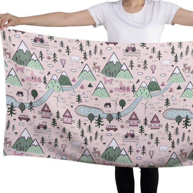 Scandinavian Farm Town Pattern Pink  Beach Towel (Creator Uploaded)