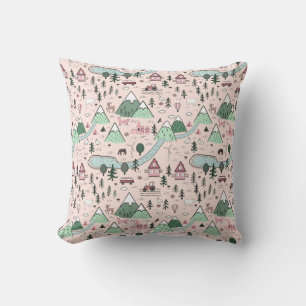 Scandinavian Farm Town Pattern Pink  Cushion