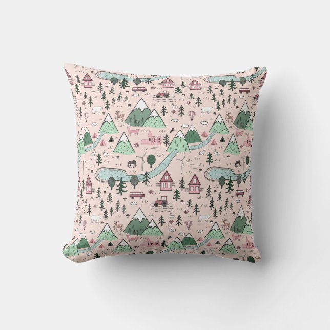 Scandinavian Farm Town Pattern Pink  Cushion (Front)