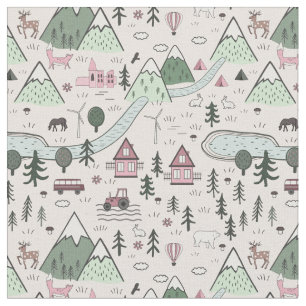 Scandinavian Farm Town Pattern Pink Fabric