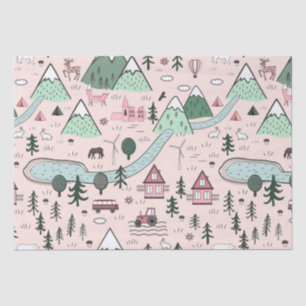 Scandinavian Farm Town Pattern Pink Tissue Paper