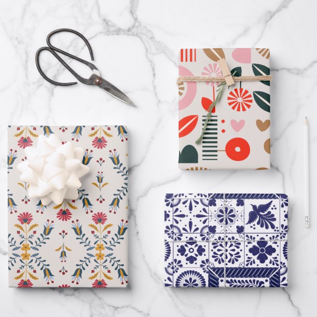 scandinavian floral abstract flowers folk pattern wrapping paper sheet (Front)