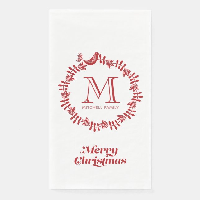 Scandinavian Floral Christmas Wreath Monogrammed  Napkin (Front)