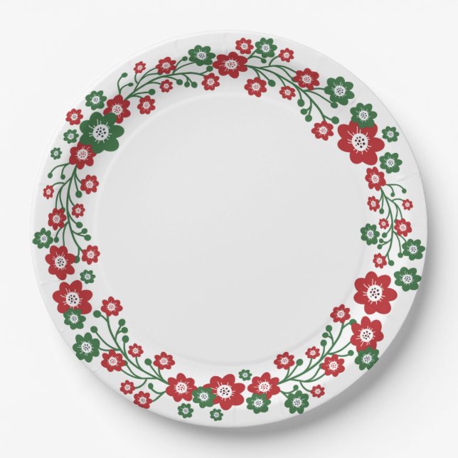 Scandinavian Floral Christmas Wreath Paper Plate (Front)