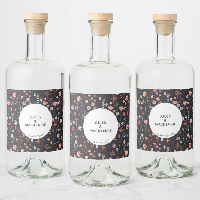 Scandinavian Floral Dark Boho Modern Liquor Bottle Label (Bottles)