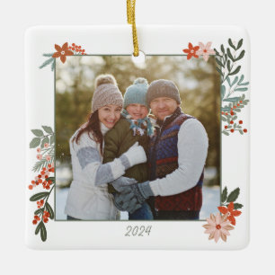 Scandinavian Floral Holiday Photo  Ceramic Ornament
