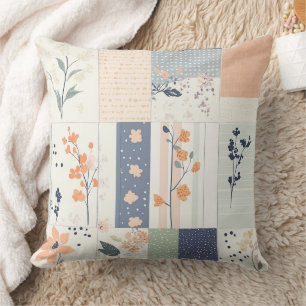 Scandinavian Floral Patchwork in Blush and Blue Cushion