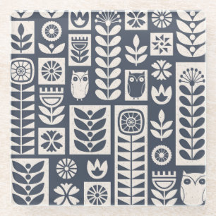 Scandinavian Floral: White, Blue, Minimalist. Glass Coaster