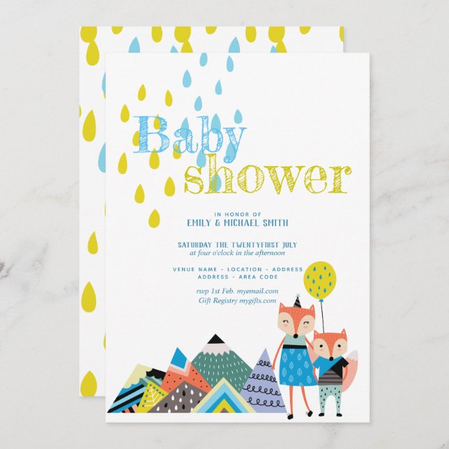 Scandinavian Folk Art Baby Shower Invites Foxes (Front/Back)