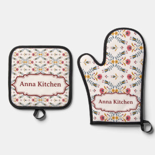 Scandinavian folk art Binder Custom Oven Mitt & Pot Holder Set