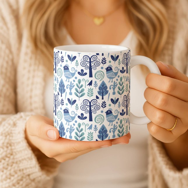 Scandinavian Folk Art Bird and Botanical Pattern M Coffee Mug (Creator Uploaded)