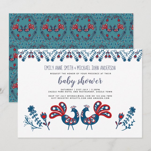 Scandinavian Folk Art Birds BABY SHOWER Blue Red Invitation (Front/Back)