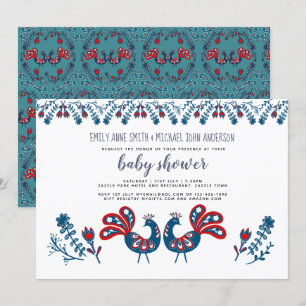 Scandinavian Folk Art Birds BABY SHOWER Blue Red Invitation