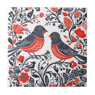 Scandinavian Folk Art Birds Lino Cut Design Tile