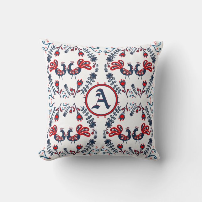 Scandinavian Folk Art Birds Red Blue MONOGRAMMED Cushion (Front)