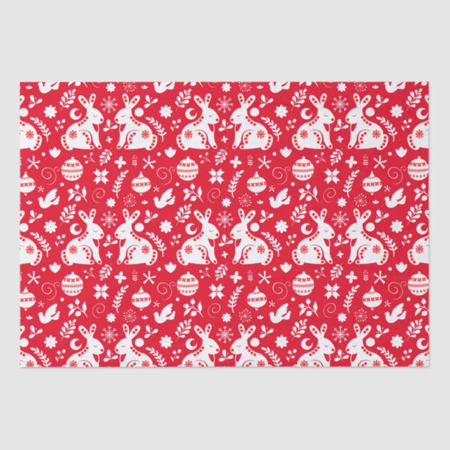 Scandinavian Folk Art Bunny Holiday Ornaments Red Tissue Paper (Front)
