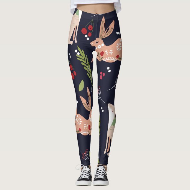 Scandinavian Folk Art Bunny Print Leggings (Front)