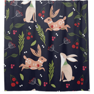 Scandinavian Folk Art Bunny Print Shower Curtain