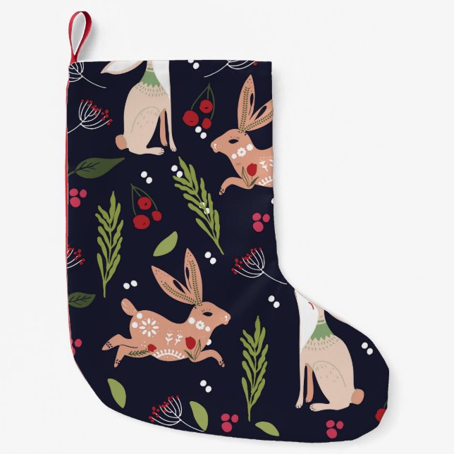 Scandinavian Folk Art Bunny Print Small Christmas Stocking (Front)