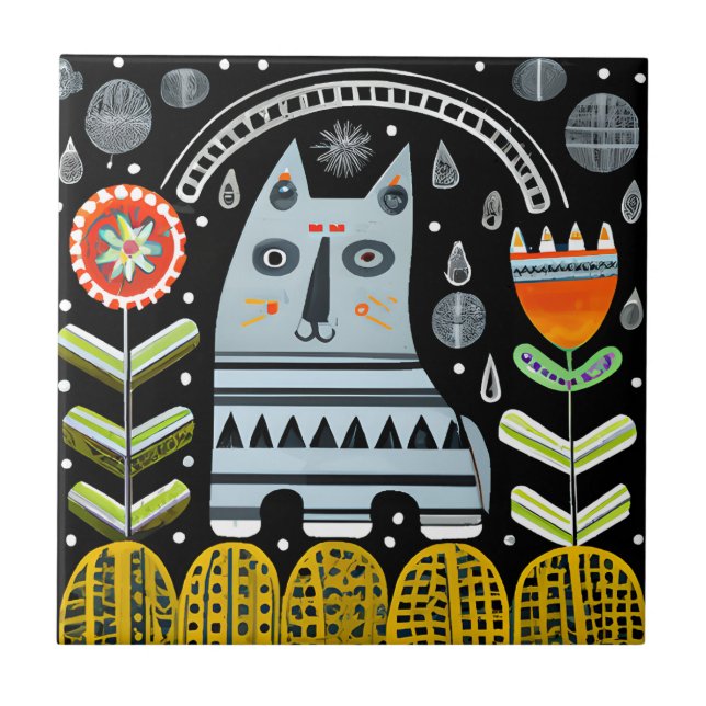 Scandinavian Folk Art Cat Garden Tile (Front)