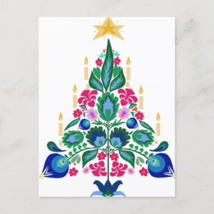 Scandinavian Folk Art Christmas Trees & Dala Horse Holiday Postcard
