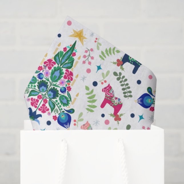 Scandinavian Folk Art Christmas Trees & Dala Horse Tissue Paper (Gift Bag)